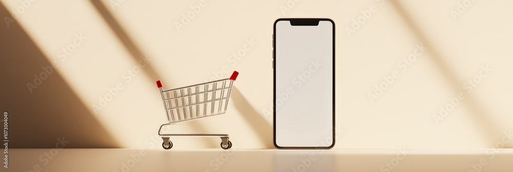 Poster Empty shopping cart and smartphone with blank screen standing on white surface with beige background and soft shadows representing online shopping and e commerce