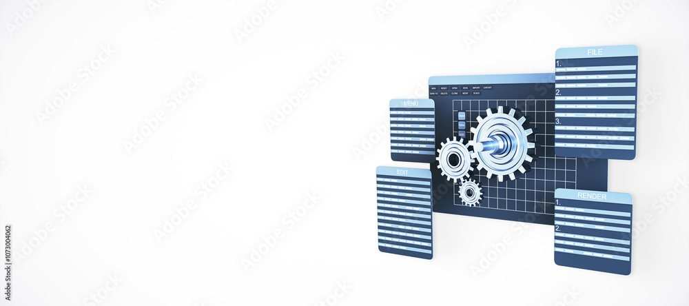 Fototapete Digital interface with gears and menus on white background representing software development and technology concepts. 3D Rendering