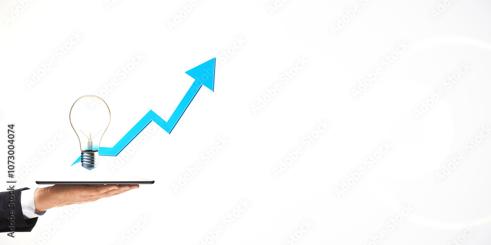 Aufkleber hand holding tablet with lightbulb and upward arrow symbolizing business growth and innovation on wh