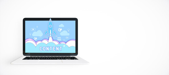 Laptop with content marketing concept on screen, showing a rocket launch graphic on a white background. 3D Rendering