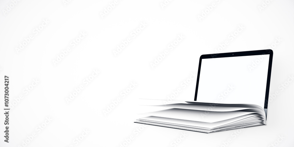 Poster laptop with flipping pages emerging from screen on a white background, symbolizing digital transform