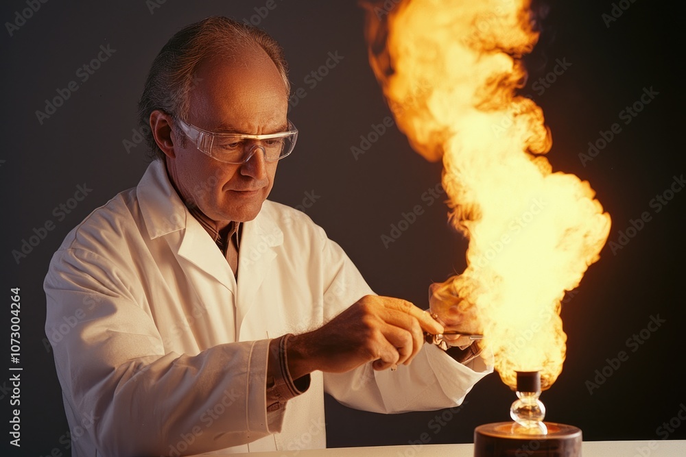 Poster a scientist in a lab coat conducting experiments with a bunsen burner.
