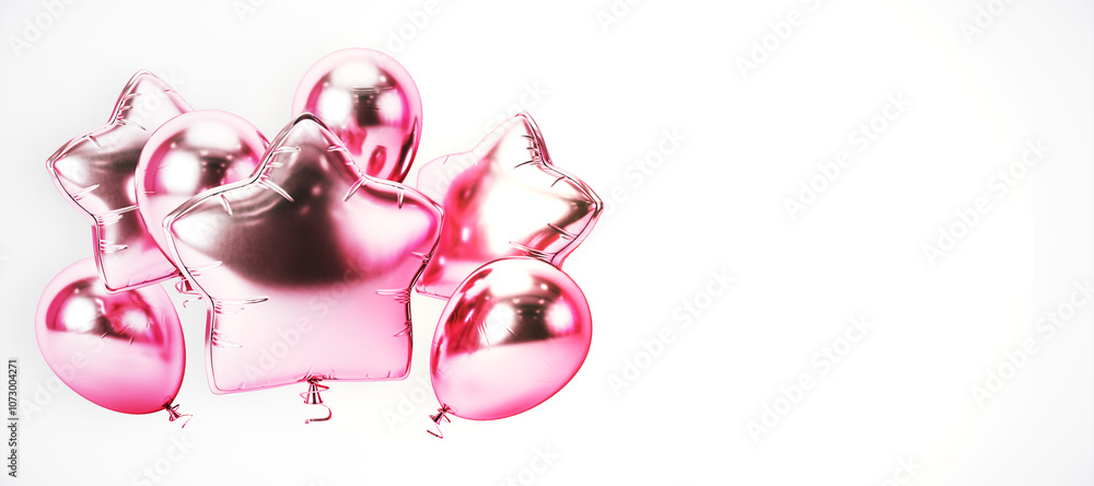 Poster pink metallic star and round balloons floating against a white background. 3d rendering