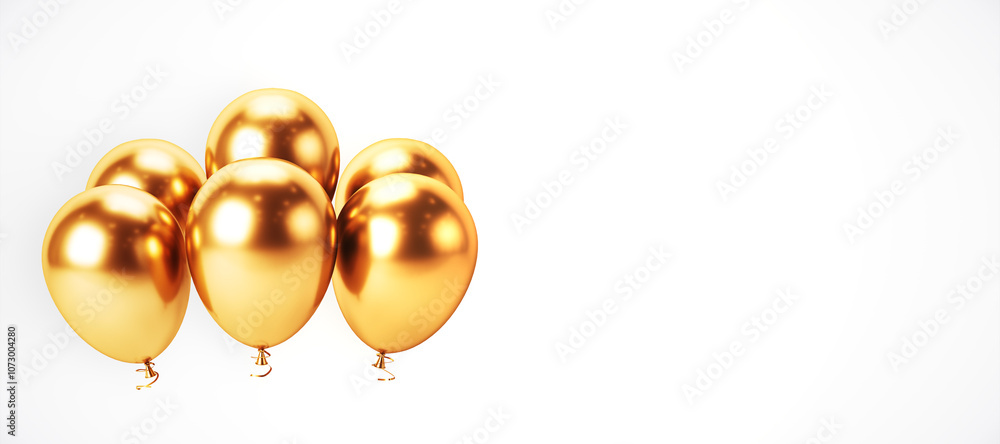Poster Cluster of shiny golden balloons floating on a minimalistic white background. 3D Rendering