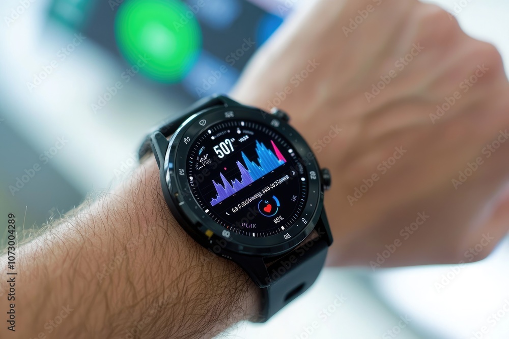 Poster a close-up of a smartwatch displaying health data on a person wrist.