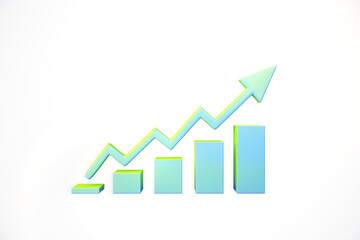 3D bar chart with an upward arrow showing growth isolated on a white background. 3D Rendering