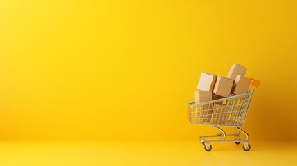 Miniature shopping cart full of cardboard boxes is standing on yellow background representing online shopping, e commerce and delivery