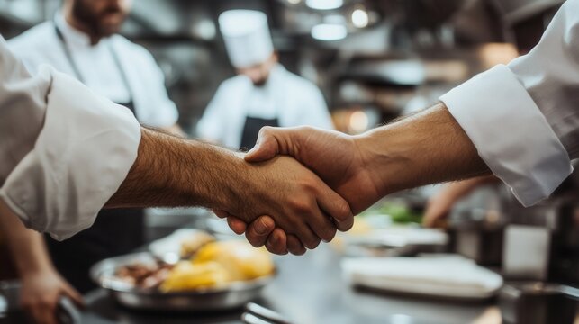 A successful collaboration in a bustling kitchen as a chef shakes hands with a restaurant owner