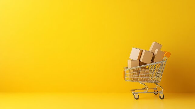 Miniature shopping cart full of cardboard boxes is standing on yellow background representing online shopping, e commerce and delivery