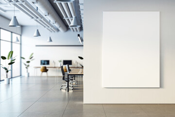 Modern office interior with blank vertical poster on wall, coworking desks and chairs by large windows, clean and minimal style. 3D Rendering