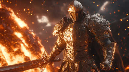 A knight in a suit of armor stands in front of a fire, holding a sword