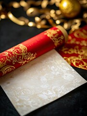 Fototapeta premium traditional Japanese red paper scroll with gold ornaments, open, empty with a white fiber delicate calligraphy paper stick inside, kind of mockup, with generative ai