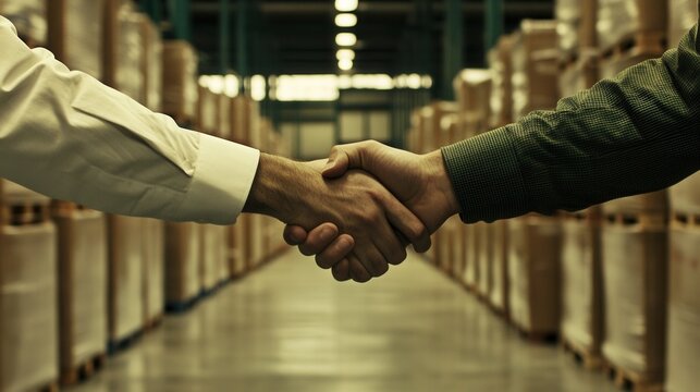 Close-up handshake between manager and worker in a warehouse during business collaboration