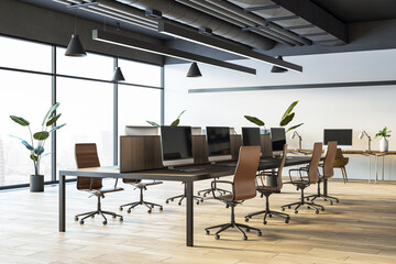 Modern office interior with large windows, workspaces, and ergonomic chairs in a bright corporate space with city view. 3D Rendering