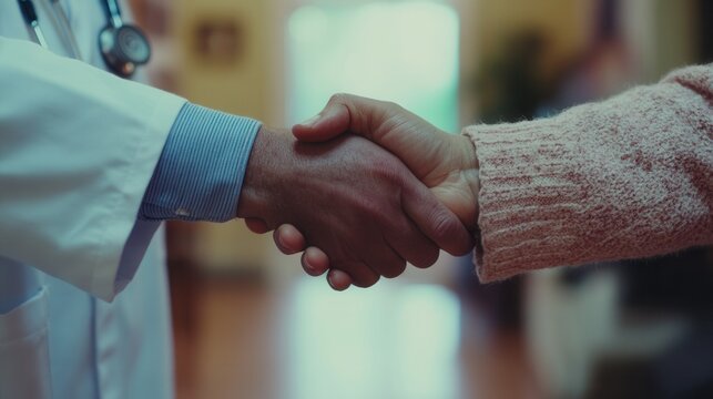 Close-up handshake between a doctor and patient in a clinic demonstrating trust and care