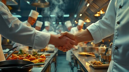 A chef and restaurant owner shake hands in a busy kitchen during a bustling service
