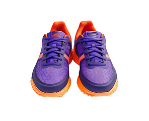 A front view of purple and orange trainers, sneakers Isolated on a flat background.