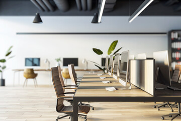 Modern office interior with wooden desks, ergonomic chairs, computers, and plants. Bright workspace with a loft design. 3D Rendering