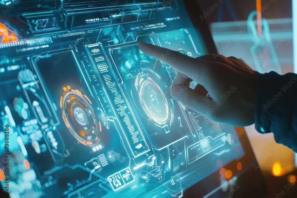 Poster a person interacting with a touchscreen display in a futuristic smart home.