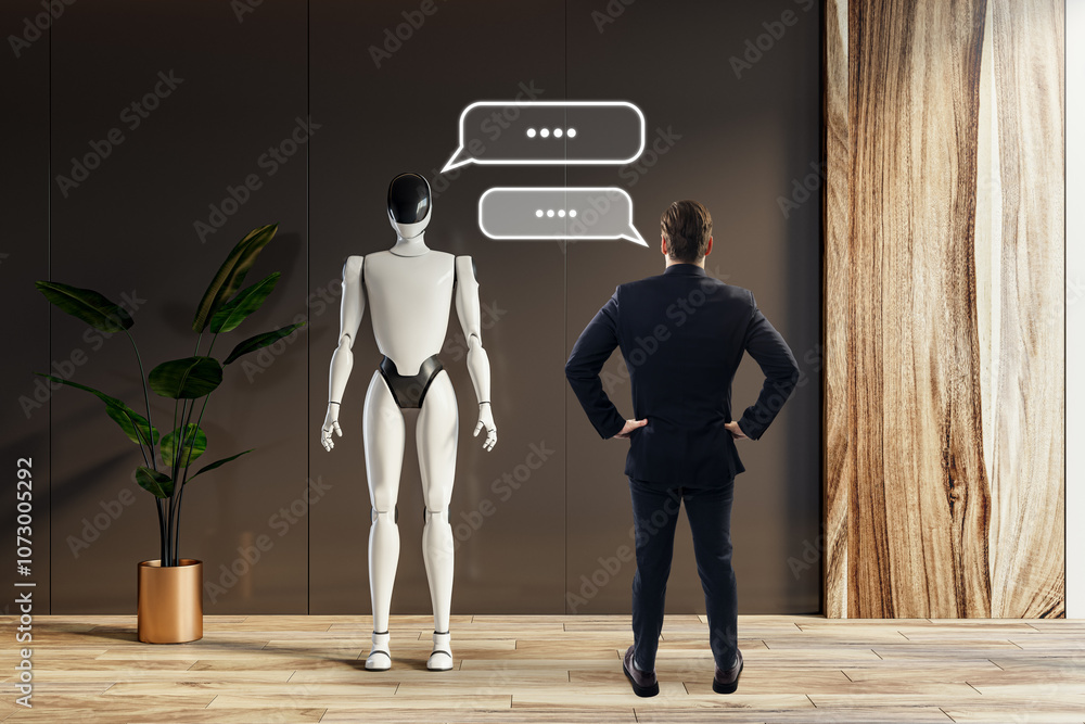 Poster robot interacting with businessman in a modern office setting.