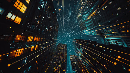 Fototapeta premium Smart digital Innovation city Business skyscrapers in the Financial District with connection network reciprocity over the cityscape. of future smart wireless digital city and social media networking