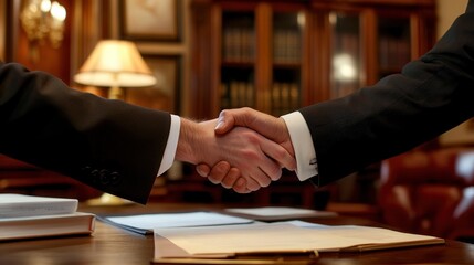 Handshake between a lawyer and a client in a wood-paneled office setting with legal resources