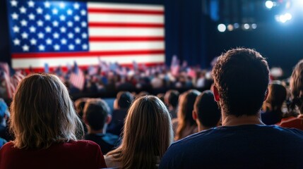 Patriotic crowd gathers under a lit American flag for a public event, symbolizing unity, national pride, and civic engagement