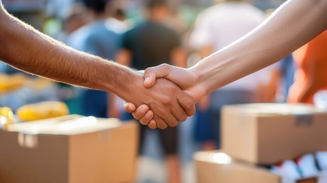 Two volunteers shake hands at a charity event surrounded by boxes of donated goods