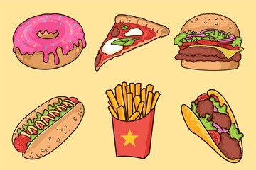fast food item vector design donnut,pizza,hamburger,hotdog,fried fries,tacos