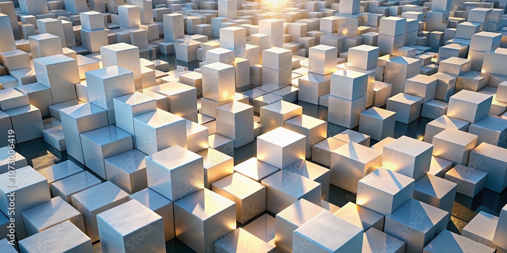 Poster abstract 3d white cubes in a dynamic drone perspective showcasing depth and reflection, perfect for 