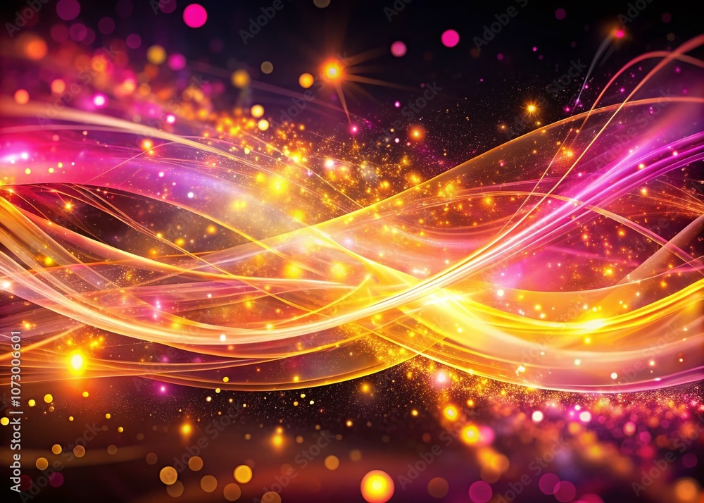 Poster abstract background with glowing pink and yellow lines, particles, and dynamic flow for modern digit
