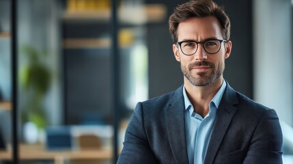 Obraz premium Confident Businessman in Modern Office Setting with Stylish Attire