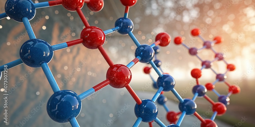 Poster abstract conceptual photography of molecular structures featuring red and blue elements on a vibrant