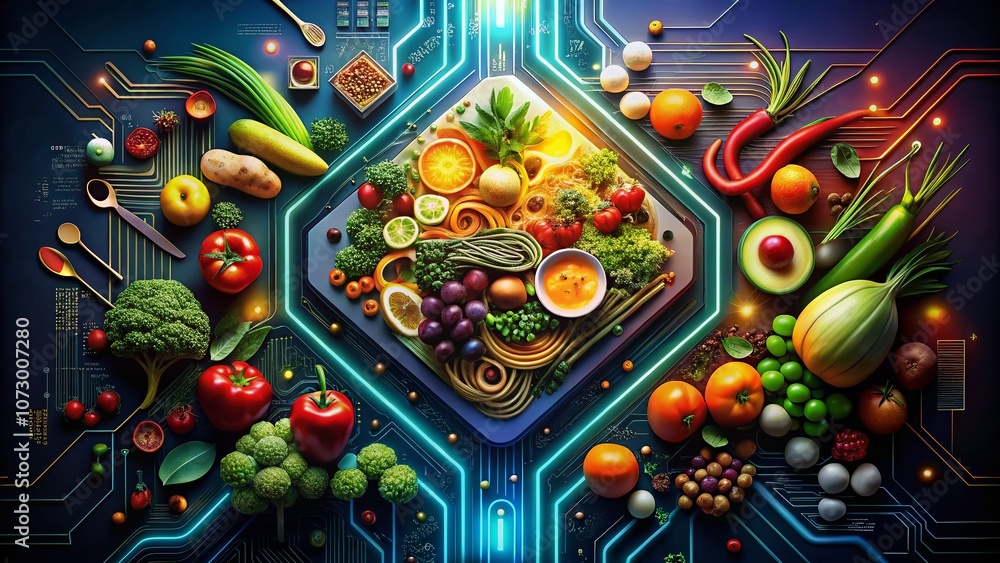 Poster abstract digital design with vibrant circuits and a glowing center for technology and innovation the