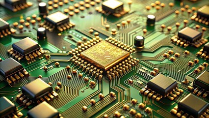 A close-up of a golden processor chip on a green circuit board, showcasing the intricate network of connections