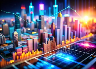Abstract Finance Analytics with Tilt-Shift Effect Showcasing Data Charts and Generative AI Concepts for Innovative Financial Insights and Trends Analysis