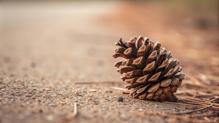 A solitary pine cone rests on the ground, its rough texture and intricate patterns standing out against the soft, blurred background.