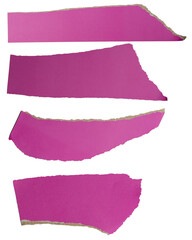 Isolated set of torn purple pieces of matte paper on white background