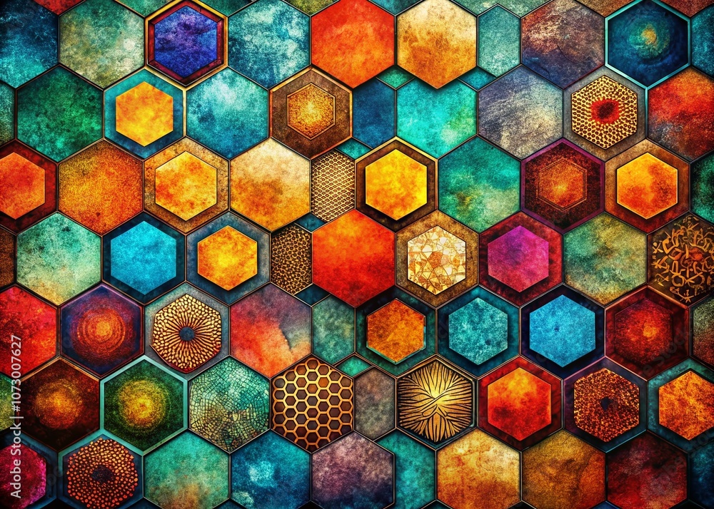 Aufkleber abstract geometric pattern with hexagons and grunge texture featuring vibrant colors and intricate d