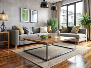 Fototapeta premium Stylish Coffee Tables with Wooden Tops and Metal Frames for Modern Living Room Decor - Various Designs Showcasing Elegance and Functionality in Contemporary Interiors