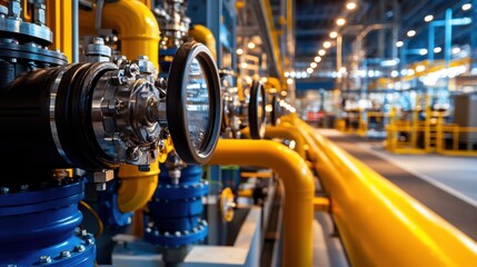 Obraz premium Industrial Pipeline System with Pressure Gauges in a Modern Factory, Featuring Bright Yellow Pipes and High-Quality Equipment in an Expansive Production Facility