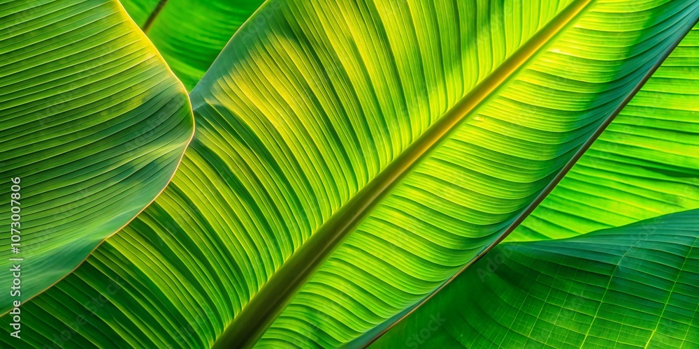 Poster abstract green banana leaf background with intricate tree branch shadows, perfect for nature themes 