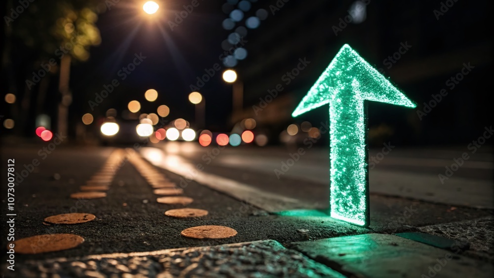 Poster abstract green glowing arrow pointing upward on dark background with bokeh lights for inspirational 