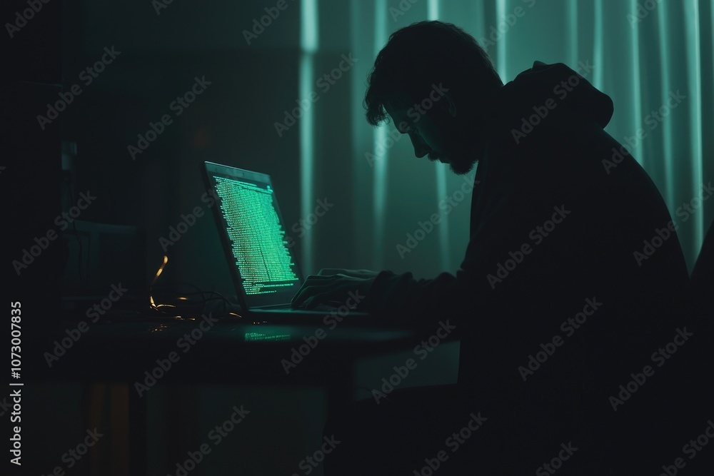 Poster a hacker silhouette working on a laptop in a dark room with glowing green code.