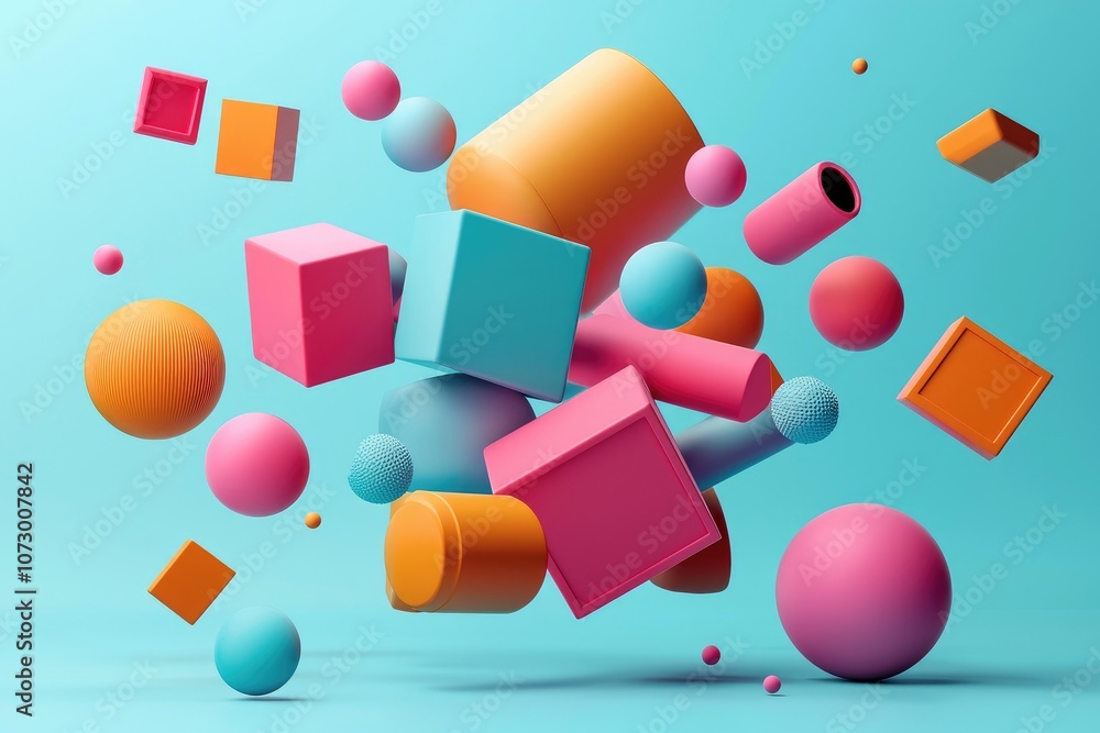 Poster an intricate 3d geometric design with cubes, spheres, and cylinders floating in a void.