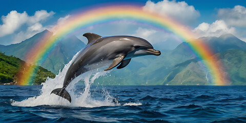 Obraz premium dolphins jumping out of the sea in beautiful island, created by Generative AI
