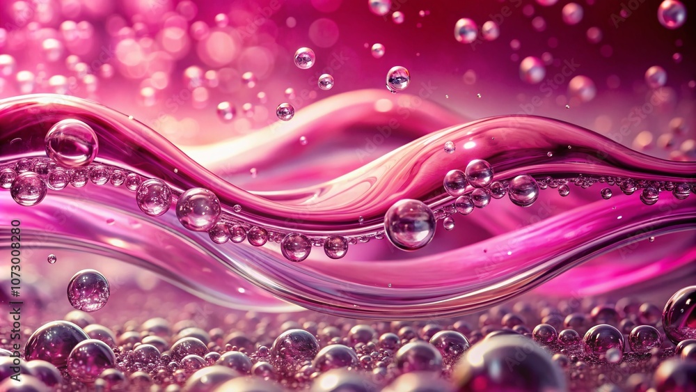 Poster abstract pink background with glossy liquid waves and sparkling bubbles: a dynamic texture perfect f