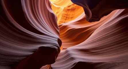 Curved, narrow sandstone walls in Antelope Canyon, Arizona, with sunlight streaming in, creating striking contrasts and highlighting the canyon’s natural patterns.