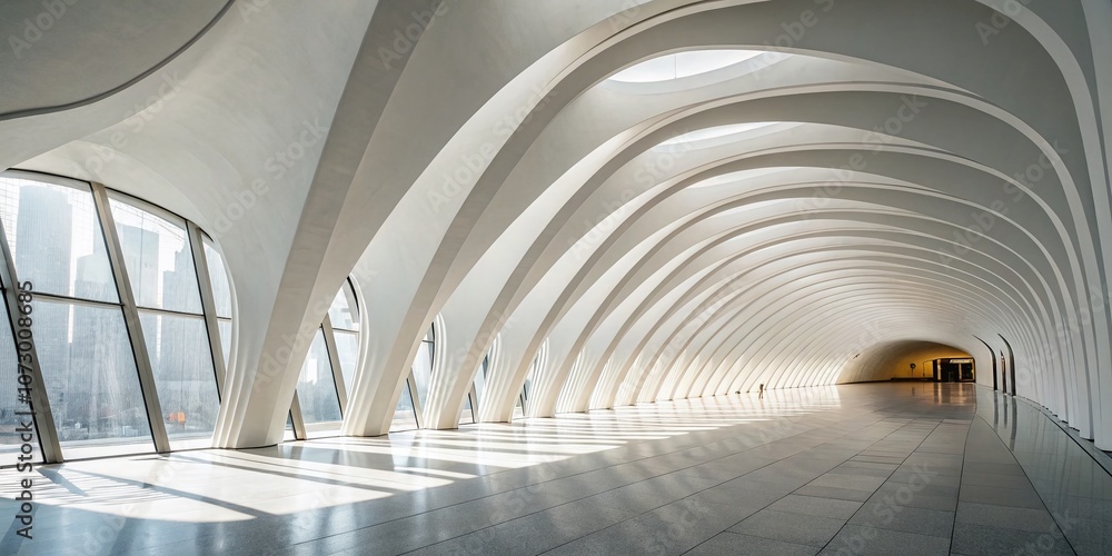 Poster abstract white architectural space with flowing curves and soft shadows, emphasizing modern design e