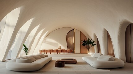 Minimalist Lounge with Sculptural Arched Ceilings and Modern Sofas, Serene Living Room with Organic Curves and Natural Light, High-End Contemporary Interior Design Inspiration